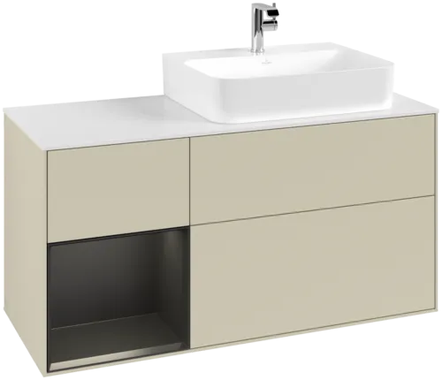 VILLEROY BOCH Toaletní skříňka Finion, s osvětlením, 3 výsuvy, 1200 x 603 x 501 mm, hedvábně šedý matný lak / černý matný lak / bílé matné sklo #F141PDHJ