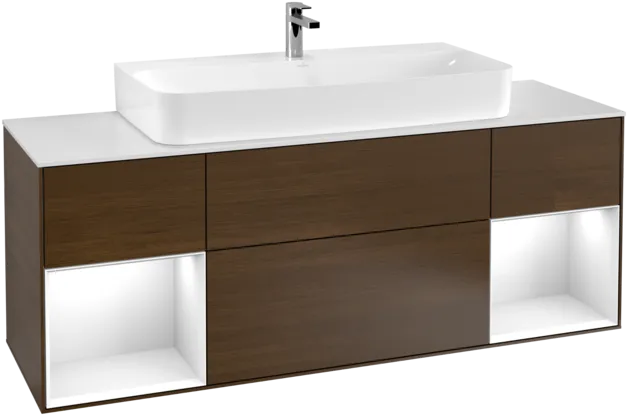 VILLEROY BOCH Toaletní skříňka Finion, s osvětlením, 4 výsuvy, 1600 x 603 x 501 mm, ořechová dýha / lesklý bílý lak / sklo bílé matné #F211GFGN