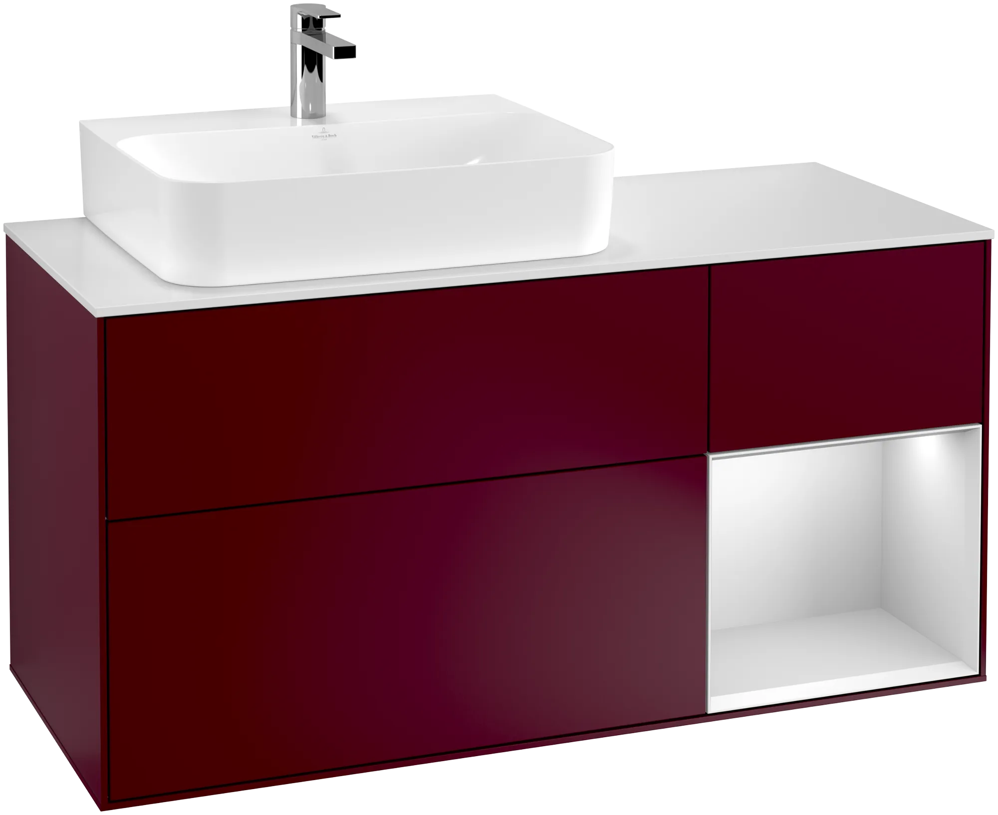 VILLEROY BOCH Toaletní skříňka Finion, s osvětlením, 3 výsuvy, 1200 x 603 x 501 mm, Peony Matt Lacquer / White Matt Lacquer / Glass White Matt #F151MTHB