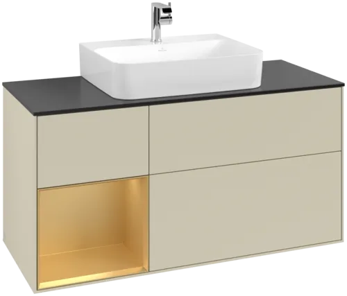 VILLEROY BOCH Toaletní skříňka Finion, s osvětlením, 3 výsuvy, 1200 x 603 x 501 mm, Silk Grey Matt Lacquer / Gold Matt Lacquer / Glass Black Matt #F162HFHJ
