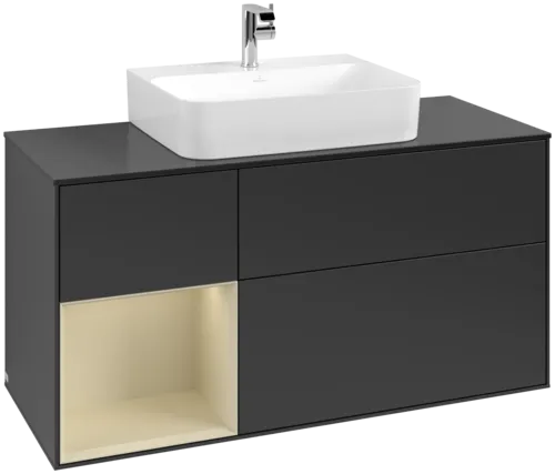 VILLEROY BOCH Toaletní skříňka Finion, s osvětlením, 3 výsuvy, 1200 x 603 x 501 mm, černý matný lak / hedvábně šedý matný lak / černé matné sklo #F162HJPD