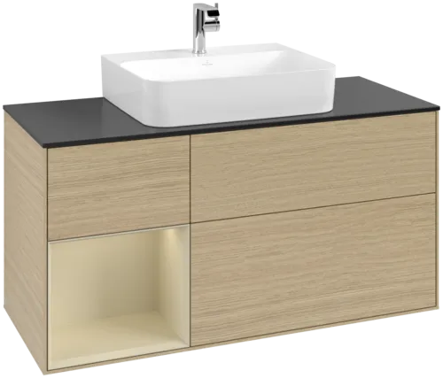 VILLEROY BOCH Toaletní skříňka Finion, s osvětlením, 3 výsuvy, 1200 x 603 x 501 mm, dubová dýha / hedvábně šedý matný lak / sklo černé matné #F162HJPC