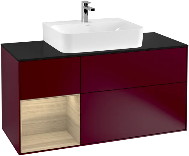 VILLEROY BOCH Toaletní skříňka Finion, s osvětlením, 3 výsuvy, 1200 x 603 x 501 mm, matný lak Peony / dubová dýha / černé matné sklo #F162PCHB