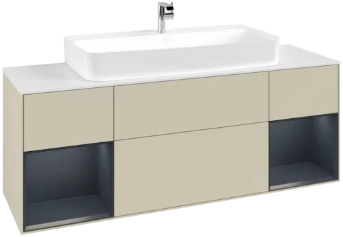 VILLEROY BOCH Toaletní skříňka Finion, s osvětlením, 4 výsuvy, 1600 x 603 x 501 mm, hedvábně šedý matný lak / půlnočně modrý matný lak / bílé matné sklo #F211HGHJ