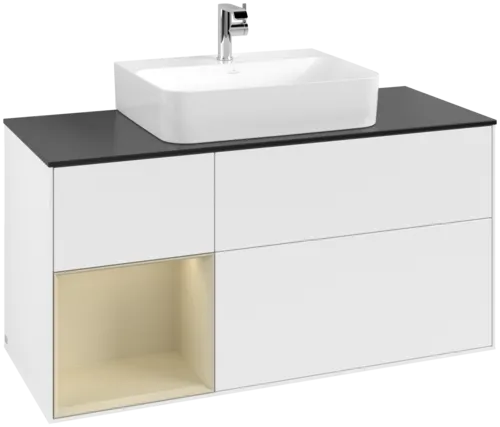 VILLEROY BOCH Toaletní skříňka Finion, s osvětlením, 3 výsuvy, 1200 x 603 x 501 mm, bílý matný lak / hedvábně šedý matný lak / černé matné sklo #F162HJMT