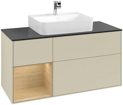 VILLEROY BOCH Toaletní skříňka Finion, s osvětlením, 3 výsuvy, 1200 x 603 x 501 mm, hedvábně šedý matný lak / dubová dýha / černé matné sklo #F162PCHJ