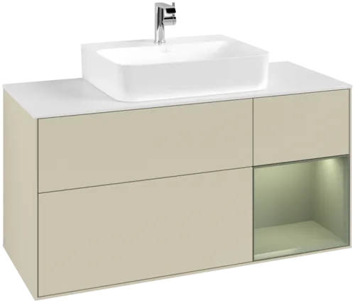 VILLEROY BOCH Toaletní skříňka Finion, s osvětlením, 3 výsuvy, 1200 x 603 x 501 mm, hedvábně šedý matný lak / olivový matný lak / bílé matné sklo #F171GMHJ