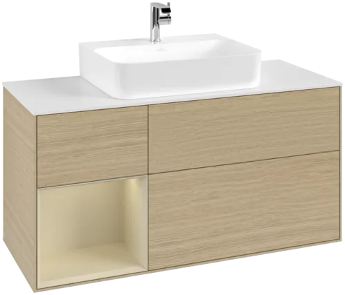 VILLEROY BOCH Toaletní skříňka Finion, s osvětlením, 3 výsuvy, 1200 x 603 x 501 mm, dubová dýha / hedvábně šedý matný lak / sklo bílé matné #F161HJPC