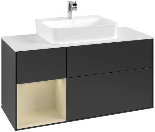 VILLEROY BOCH Toaletní skříňka Finion, s osvětlením, 3 výsuvy, 1200 x 603 x 501 mm, černý matný lak / hedvábně šedý matný lak / bílé matné sklo #F161HJPD