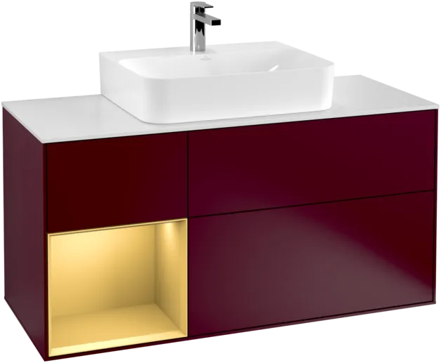VILLEROY BOCH Toaletní skříňka Finion, s osvětlením, 3 výsuvy, 1200 x 603 x 501 mm, Peony Matt Lacquer / Gold Matt Lacquer / Glass White Matt #F161HFHB