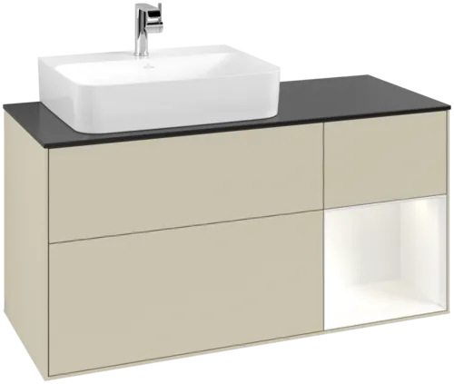 VILLEROY BOCH Toaletní skříňka Finion, s osvětlením, 3 výsuvy, 1200 x 603 x 501 mm, Silk Grey Matt Lacquer / White Matt Lacquer / Glass Black Matt #F152MTHJ