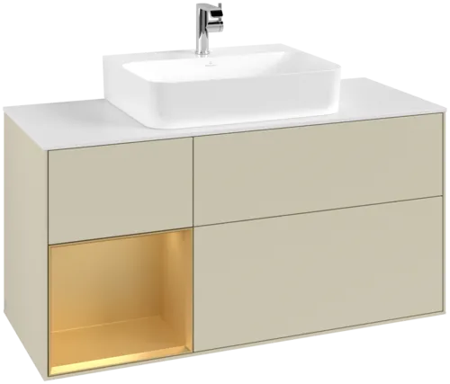 VILLEROY BOCH Toaletní skříňka Finion, s osvětlením, 3 výsuvy, 1200 x 603 x 501 mm, Silk Grey Matt Lacquer / Gold Matt Lacquer / Glass White Matt #F161HFHJ