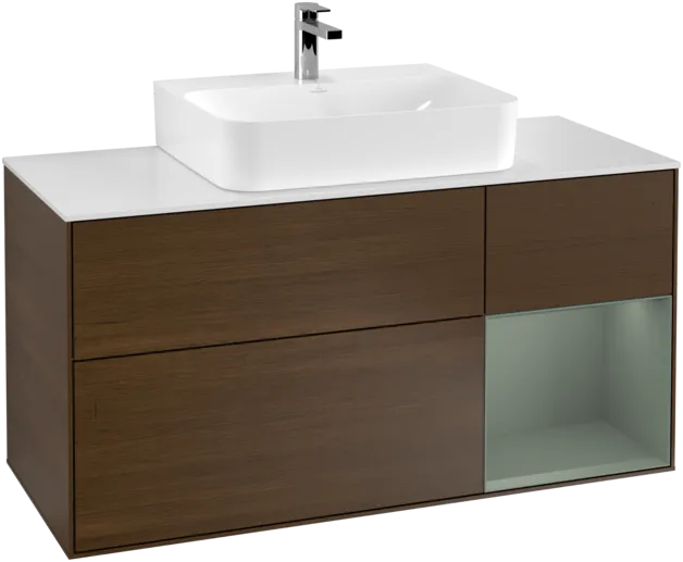 VILLEROY BOCH Toaletní stolek Finion, s osvětlením, 3 výsuvy, 1200 x 603 x 501 mm, ořechová dýha / olivový matný lak / sklo bílé matné #F171GMGN
