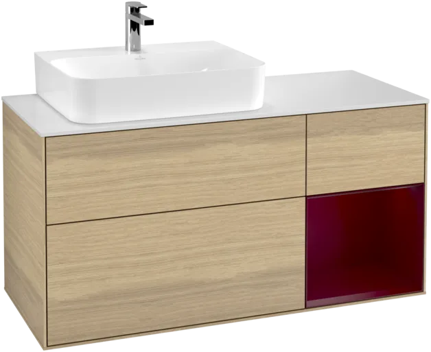 VILLEROY BOCH Toaletní skříňka Finion, s osvětlením, 3 výsuvy, 1200 x 603 x 501 mm, dubová dýha / matný lak Pivoňka / matné bílé sklo #F151HBPC