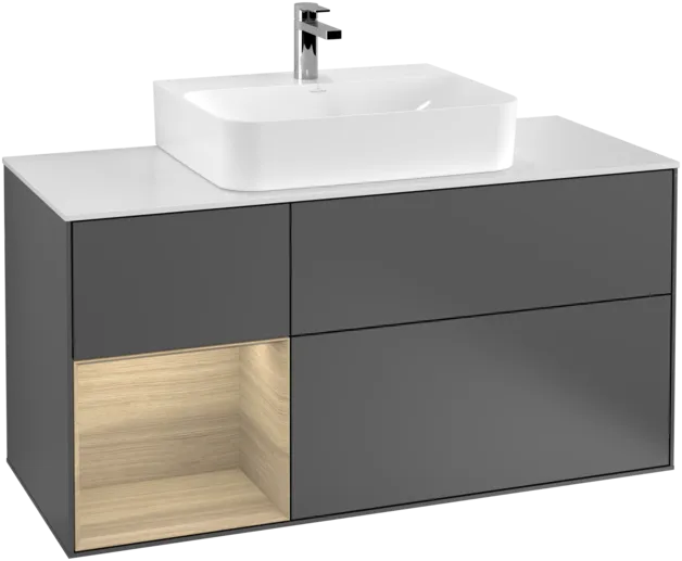 VILLEROY BOCH Toaletní skříňka Finion, s osvětlením, 3 výsuvy, 1200 x 603 x 501 mm, antracit matný lak / dubová dýha / sklo bílé matné #F161PCGK
