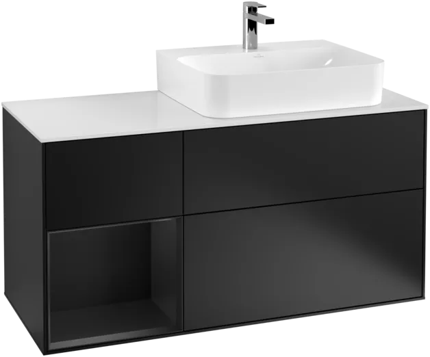 VILLEROY BOCH Toaletní skříňka Finion, s osvětlením, 3 výsuvy, 1200 x 603 x 501 mm, černý matný lak / černý matný lak / sklo bílé matné #F141PDPD