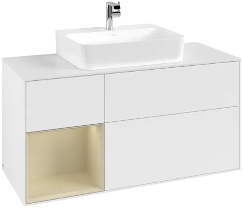 VILLEROY BOCH Toaletní skříňka Finion, s osvětlením, 3 výsuvy, 1200 x 603 x 501 mm, bílý matný lak / hedvábně šedý matný lak / bílé matné sklo #F161HJMT