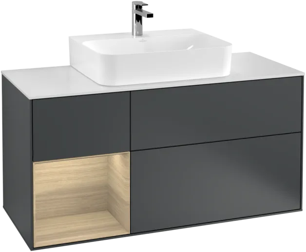 VILLEROY BOCH Toaletní skříňka Finion, s osvětlením, 3 výsuvy, 1200 x 603 x 501 mm, matný lak Midnight Blue / dubová dýha / matné bílé sklo #F161PCHG