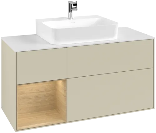 VILLEROY BOCH Toaletní skříňka Finion, s osvětlením, 3 výsuvy, 1200 x 603 x 501 mm, hedvábně šedý matný lak / dubová dýha / bílé matné sklo #F161PCHJ