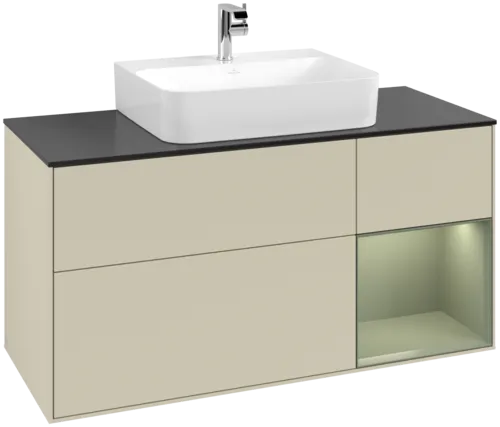 VILLEROY BOCH Toaletní skříňka Finion, s osvětlením, 3 výsuvy, 1200 x 603 x 501 mm, hedvábně šedý matný lak / olivový matný lak / černé matné sklo #F172GMHJ