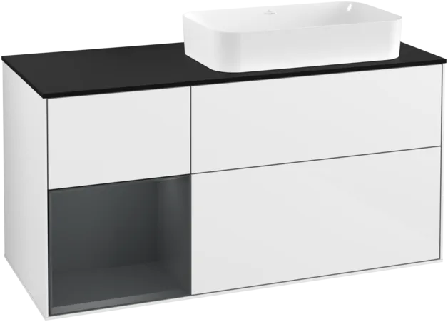 VILLEROY BOCH Toaletní skříňka Finion, s osvětlením, 3 výsuvy, 1200 x 603 x 501 mm, lesklý bílý lak / půlnoční modrý matný lak / černé matné sklo #F272HGGF