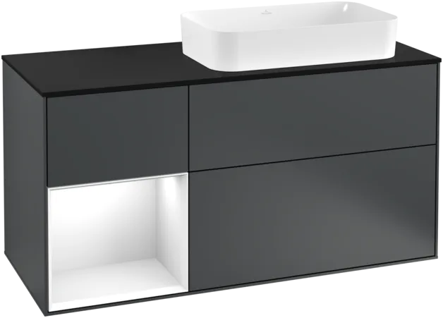 VILLEROY BOCH Toaletní skříňka Finion, s osvětlením, 3 výsuvy, 1200 x 603 x 501 mm, Midnight Blue Matt Lacquer / Glossy White Lacquer / Glass Black Matt #F272GFHG