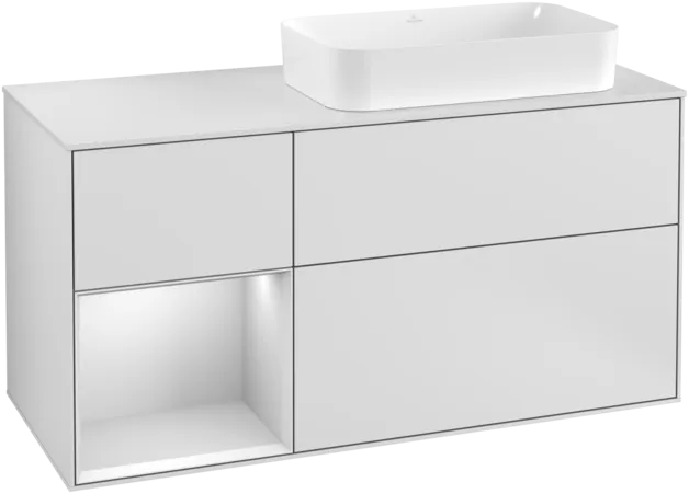 VILLEROY BOCH Toaletní skříňka Finion, s osvětlením, 3 výsuvy, 1200 x 603 x 501 mm, bílý matný lak / bílý matný lak / sklo bílé matné #F271MTMT