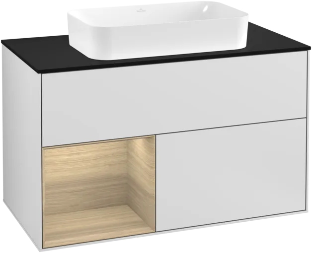 VILLEROY BOCH Toaletní skříňka Finion, s osvětlením, 2 výsuvy, 1000 x 603 x 501 mm, bílý matný lak / dubová dýha / černé matné sklo #F242PCMT