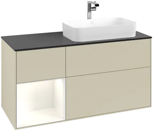 VILLEROY BOCH Toaletní skříňka Finion, s osvětlením, 3 výsuvy, 1200 x 603 x 501 mm, hedvábně šedý matný lak / lesklý bílý lak / černé matné sklo #F272GFHJ