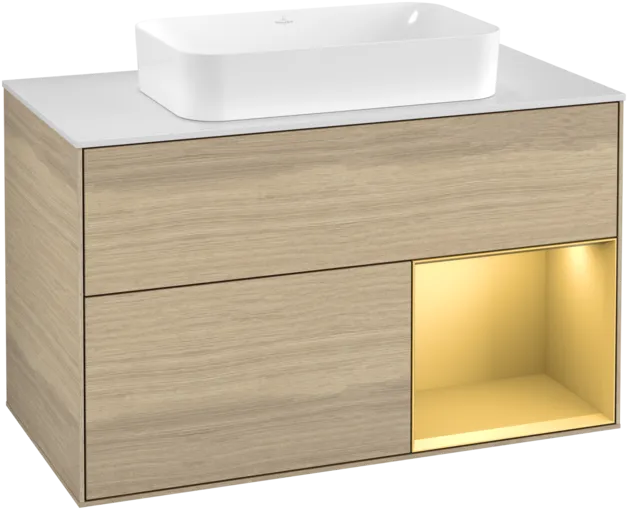 VILLEROY BOCH Toaletní stolek Finion, s osvětlením, 2 výsuvy, 1000 x 603 x 501 mm, dubová dýha / zlatý matný lak / sklo bílé matné #F251HFPC