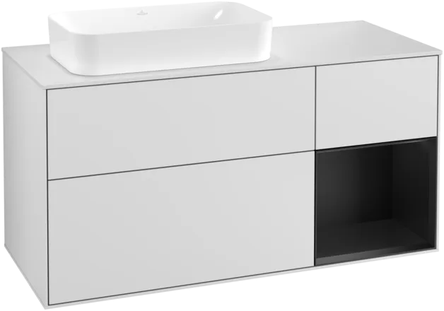 VILLEROY BOCH Toaletní skříňka Finion, s osvětlením, 3 výsuvy, 1200 x 603 x 501 mm, bílý matný lak / černý matný lak / bílé matné sklo #F281PDMT
