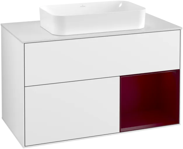 VILLEROY BOCH Toaletní skříňka Finion, s osvětlením, 2 výsuvy, 1000 x 603 x 501 mm, lesklý bílý lak / matný lak Pivoňka / matné bílé sklo #F251HBGF