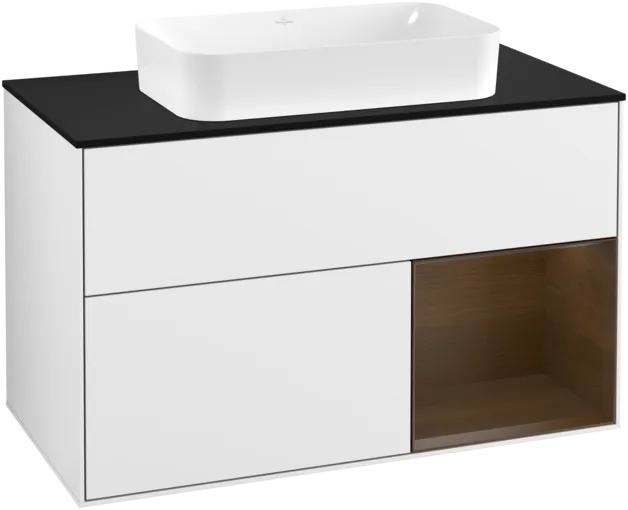 VILLEROY BOCH Toaletní skříňka Finion, s osvětlením, 2 výsuvy, 1000 x 603 x 501 mm, lesklý bílý lak / ořechová dýha / černé matné sklo #F252GNGF