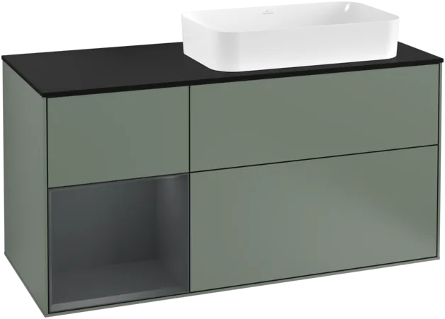 VILLEROY BOCH Toaletní skříňka Finion, s osvětlením, 3 výsuvy, 1200 x 603 x 501 mm, olivový matný lak / půlnoční modrý matný lak / černé matné sklo #F272HGGM