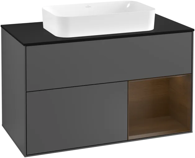 VILLEROY BOCH Toaletní skříňka Finion, s osvětlením, 2 výsuvy, 1000 x 603 x 501 mm, antracitový matný lak / ořechová dýha / černé matné sklo #F252GNGK