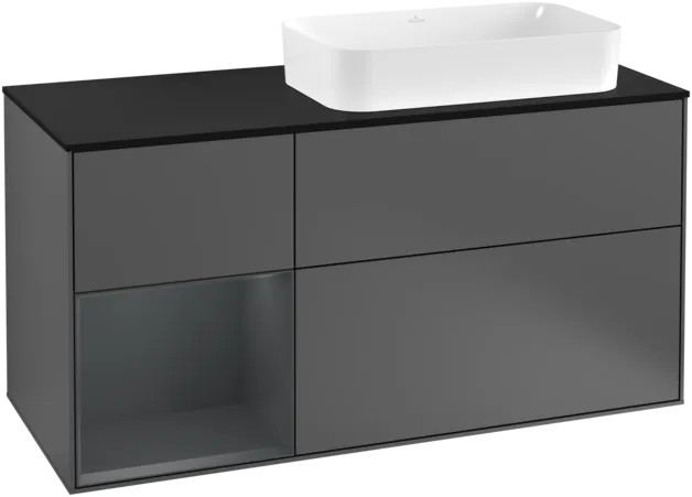 VILLEROY BOCH Toaletní skříňka Finion, s osvětlením, 3 výsuvy, 1200 x 603 x 501 mm, antracitový matný lak / půlnoční modrý matný lak / černé matné sklo #F272HGGK