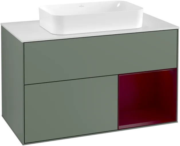 VILLEROY BOCH Toaletní skříňka Finion, s osvětlením, 2 výsuvy, 1000 x 603 x 501 mm, olivový matný lak / pivoňkový matný lak / bílé matné sklo #F251HBGM