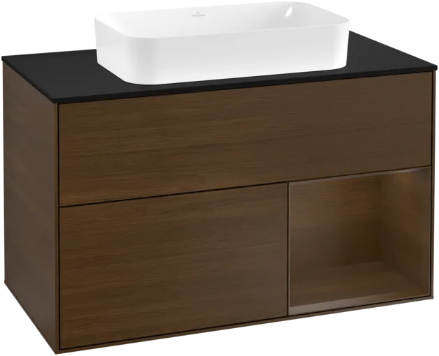 VILLEROY BOCH Toaletní stolek Finion, s osvětlením, 2 výsuvy, 1000 x 603 x 501 mm, ořechová dýha / ořechová dýha / sklo černé matné #F252GNGN