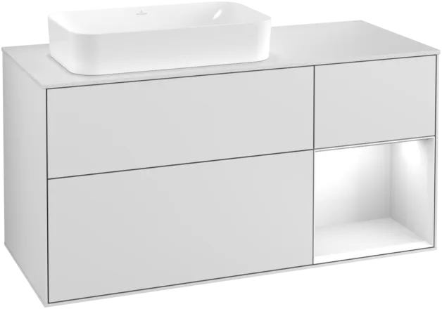 VILLEROY BOCH Umyvadlová skříňka Finion, s osvětlením, 3 výsuvy, 1200 x 603 x 501 mm, bílý matný lak / bílý lesklý lak / bílé matné sklo #F281GFMT