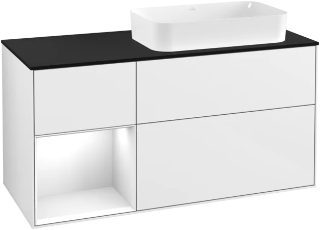 VILLEROY BOCH Toaletní skříňka Finion, s osvětlením, 3 výsuvy, 1200 x 603 x 501 mm, lesklý bílý lak / lesklý bílý lak / sklo černé matné #F272GFGF