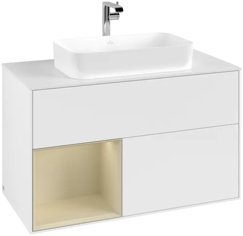 VILLEROY BOCH Toaletní skříňka Finion, s osvětlením, 2 výsuvy, 1000 x 603 x 501 mm, bílý matný lak / hedvábně šedý matný lak / bílé matné sklo #F241HJMT