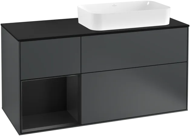 VILLEROY BOCH Toaletní skříňka Finion, s osvětlením, 3 výsuvy, 1200 x 603 x 501 mm, Midnight Blue Matt Lacquer / Black Matt Lacquer / Glass Black Matt #F272PDHG