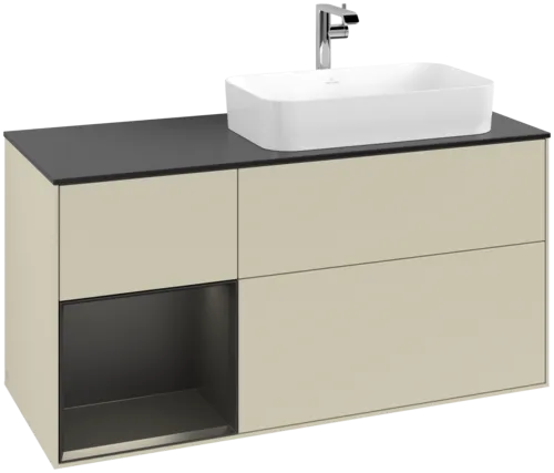 VILLEROY BOCH Toaletní skříňka Finion, s osvětlením, 3 výsuvy, 1200 x 603 x 501 mm, hedvábně šedý matný lak / černý matný lak / černé matné sklo #F272PDHJ