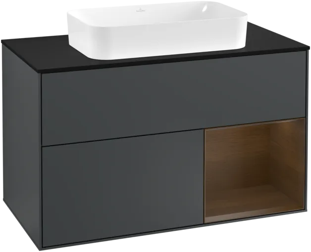 VILLEROY BOCH Toaletní skříňka Finion, s osvětlením, 2 výsuvy, 1000 x 603 x 501 mm, půlnočně modrý matný lak / ořechová dýha / černé matné sklo #F252GNHG