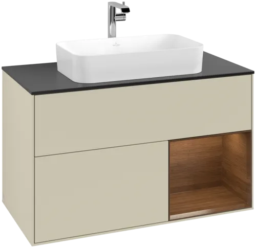 VILLEROY BOCH Toaletní skříňka Finion, s osvětlením, 2 výsuvy, 1000 x 603 x 501 mm, hedvábně šedý matný lak / ořechová dýha / černé matné sklo #F252GNHJ