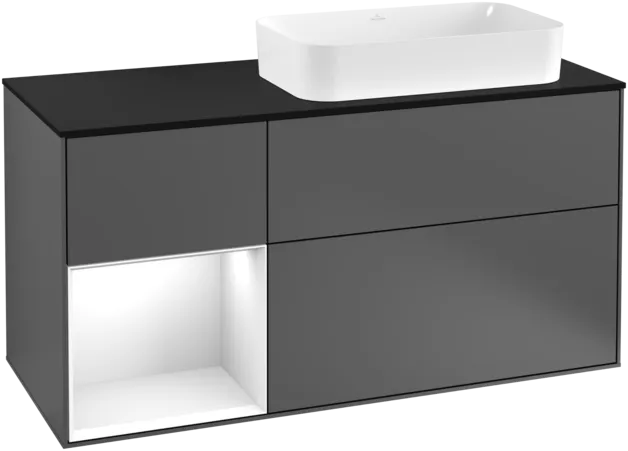 VILLEROY BOCH Toaletní skříňka Finion, s osvětlením, 3 výsuvy, 1200 x 603 x 501 mm, antracitový matný lak / lesklý bílý lak / černé matné sklo #F272GFGK