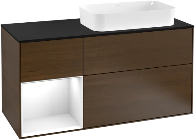 VILLEROY BOCH Toaletní skříňka Finion, s osvětlením, 3 výsuvy, 1200 x 603 x 501 mm, ořechová dýha / lesklý bílý lak / sklo černé matné #F272GFGN