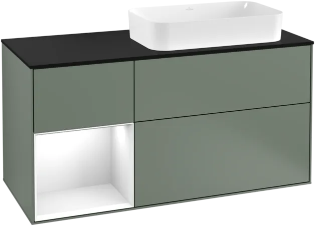 VILLEROY BOCH Toaletní skříňka Finion, s osvětlením, 3 výsuvy, 1200 x 603 x 501 mm, olivový matný lak / lesklý bílý lak / sklo černé matné #F272GFGM
