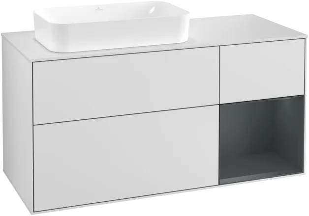 VILLEROY BOCH Toaletní skříňka Finion, s osvětlením, 3 výsuvy, 1200 x 603 x 501 mm, bílý matný lak / půlnoční modrý matný lak / bílé matné sklo #F281HGMT