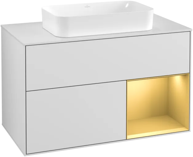 VILLEROY BOCH Toaletní skříňka Finion, s osvětlením, 2 výsuvy, 1000 x 603 x 501 mm, bílý matný lak / zlatý matný lak / sklo bílé matné #F251HFMT